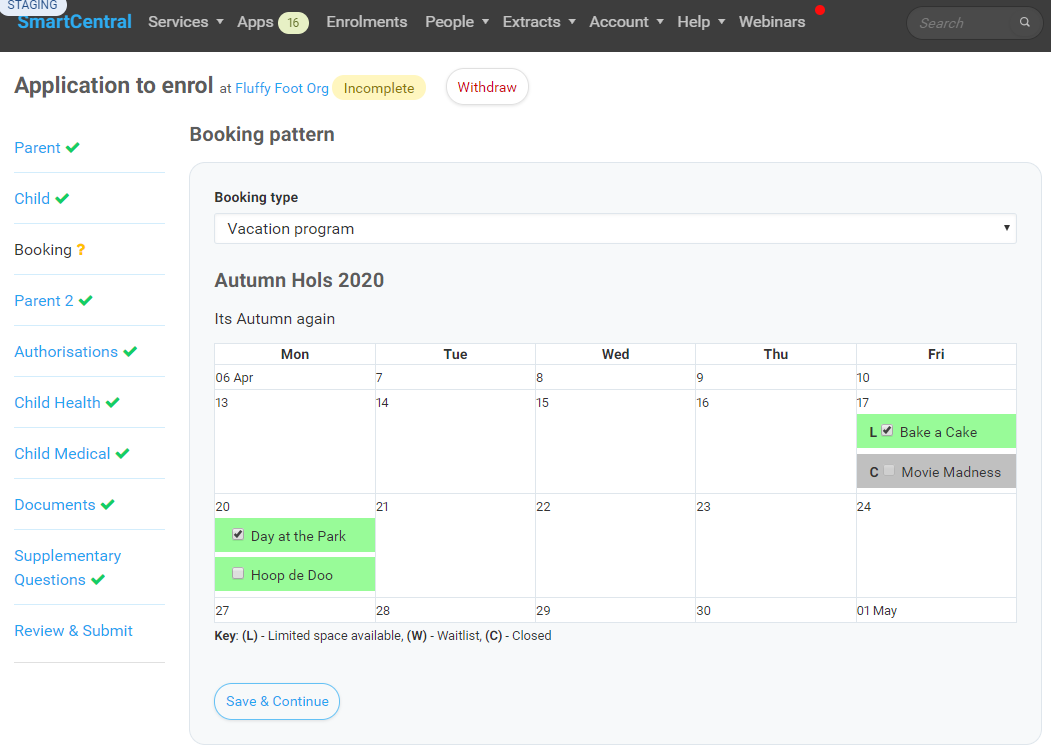 vac booking parent view